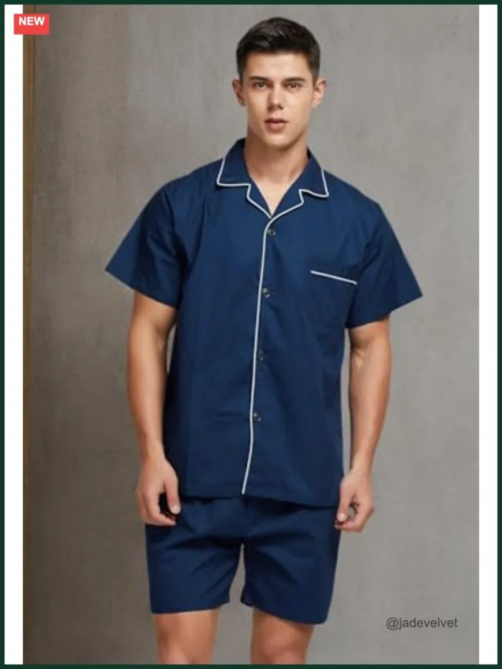 Mens Short Sleeve Pajama Set 100% Cotton Button Down Top Elastic Drawstring